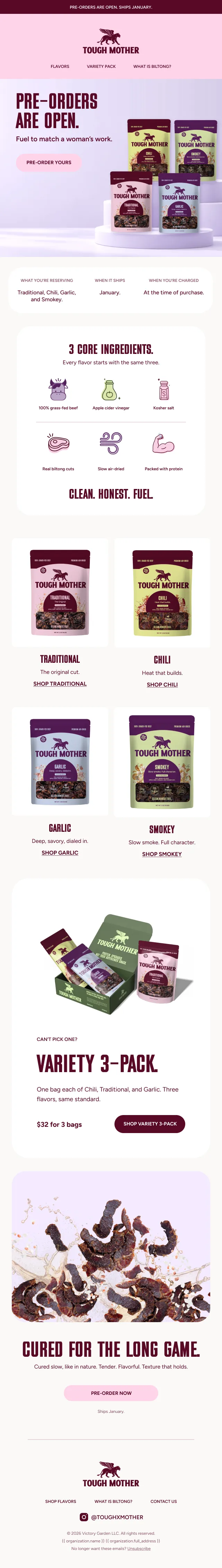 The pre-orders are open email, scrolling: the three core ingredients, the four flavours and the variety pack
