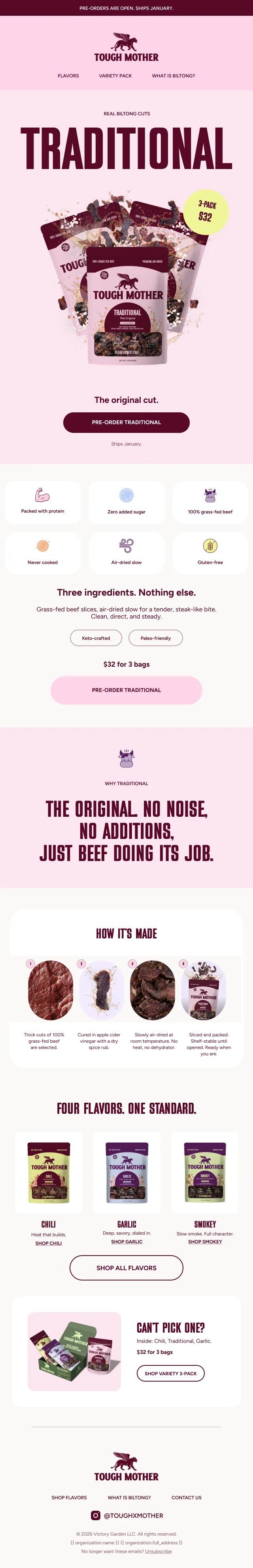 The Traditional flavour email, scrolling: the pack, what is in it, and how it is made