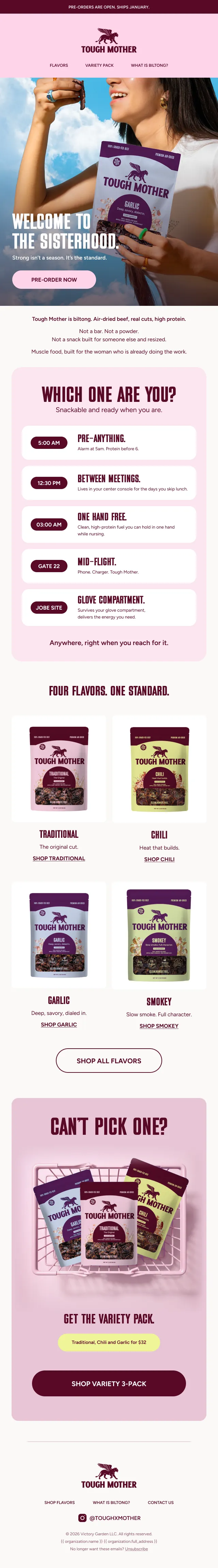 The Tough Mother welcome email, scrolling: a photograph, a list of when to eat biltong, and the four flavours
