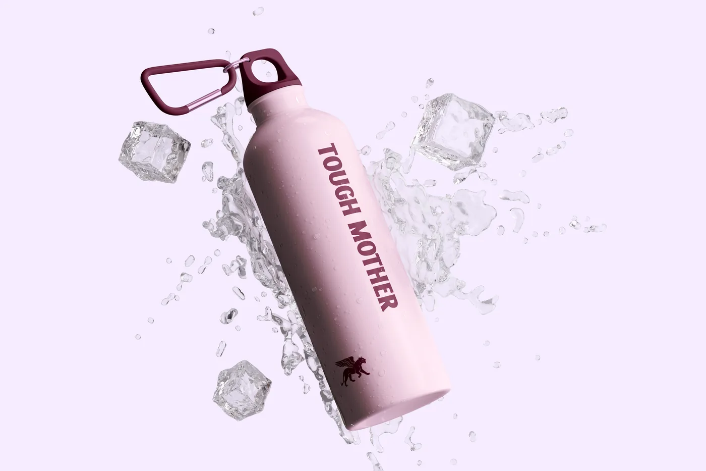 A pink Tough Mother water bottle among ice cubes