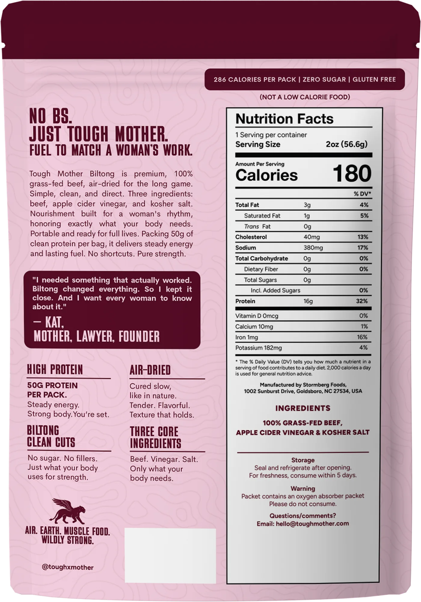 The back of the Traditional pouch: nutrition panel, three ingredients, and a line from the founder