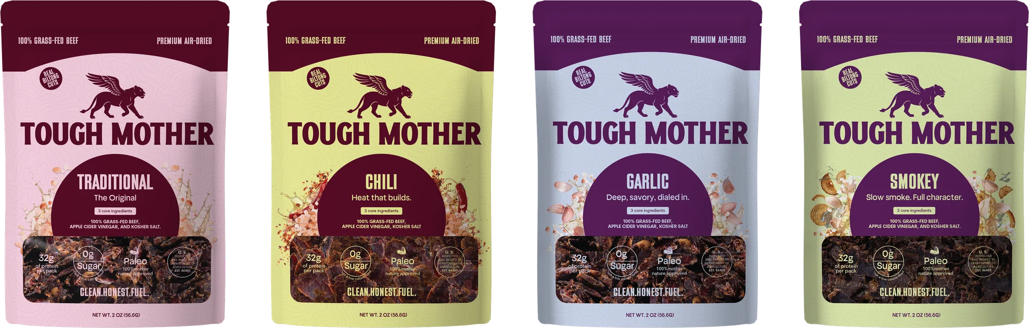 All four pouches side by side: Traditional, Chili, Garlic and Smokey
