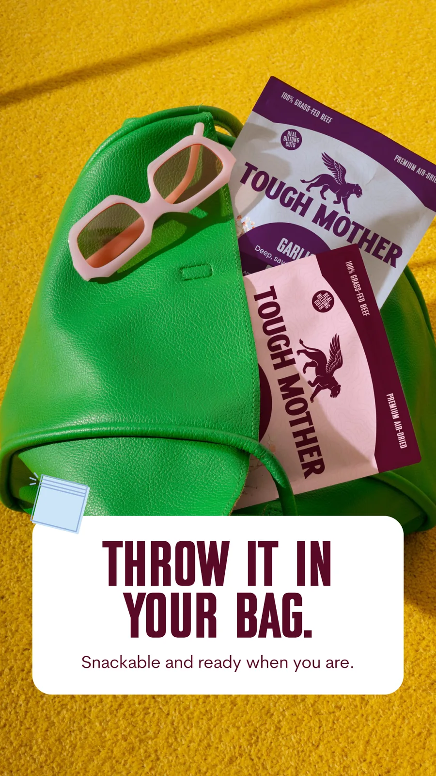 Story: throw it in your bag, with pouches and sunglasses in a green tote