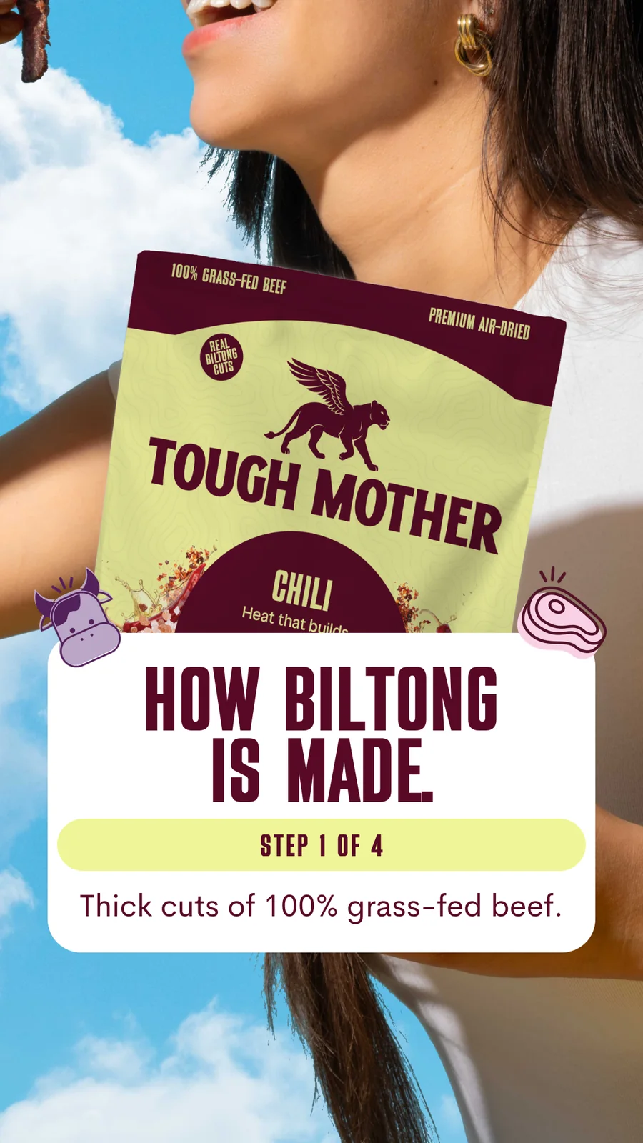 Story: how biltong is made, step one of four, over a woman holding the Chili pouch against the sky