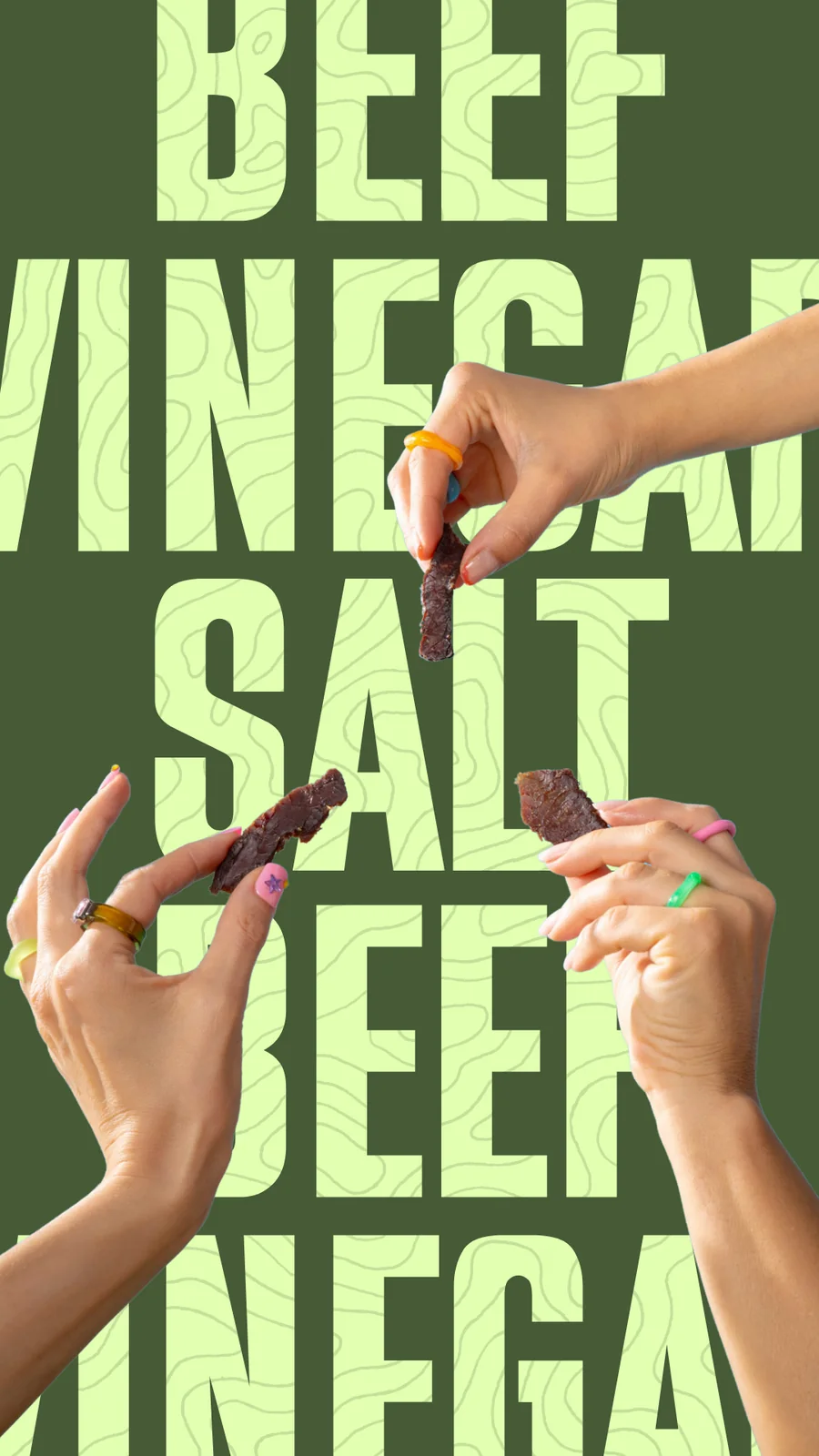 Story: beef, vinegar, salt set large in green, with hands reaching in holding biltong